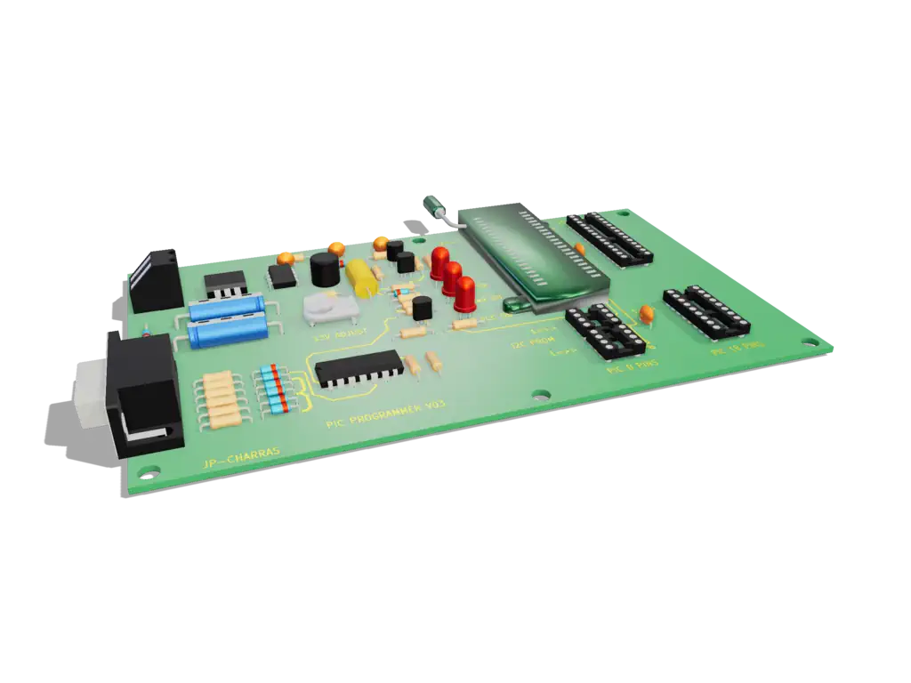 The Hauksbee 3D board view of the PIC PROGRAMMER V03 example board, seen at a three-quarter angle: a green board carrying a 40-pin socket, a DB9 connector, three red LEDs and several DIP packages and sockets.